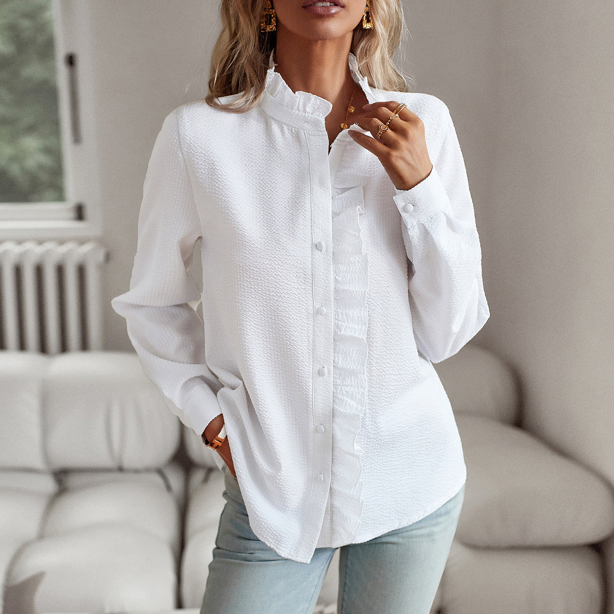 Ruffle-trim blouse in white, front view