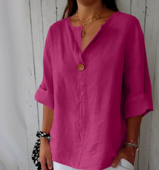 Relaxed button-neck blouse in rose red