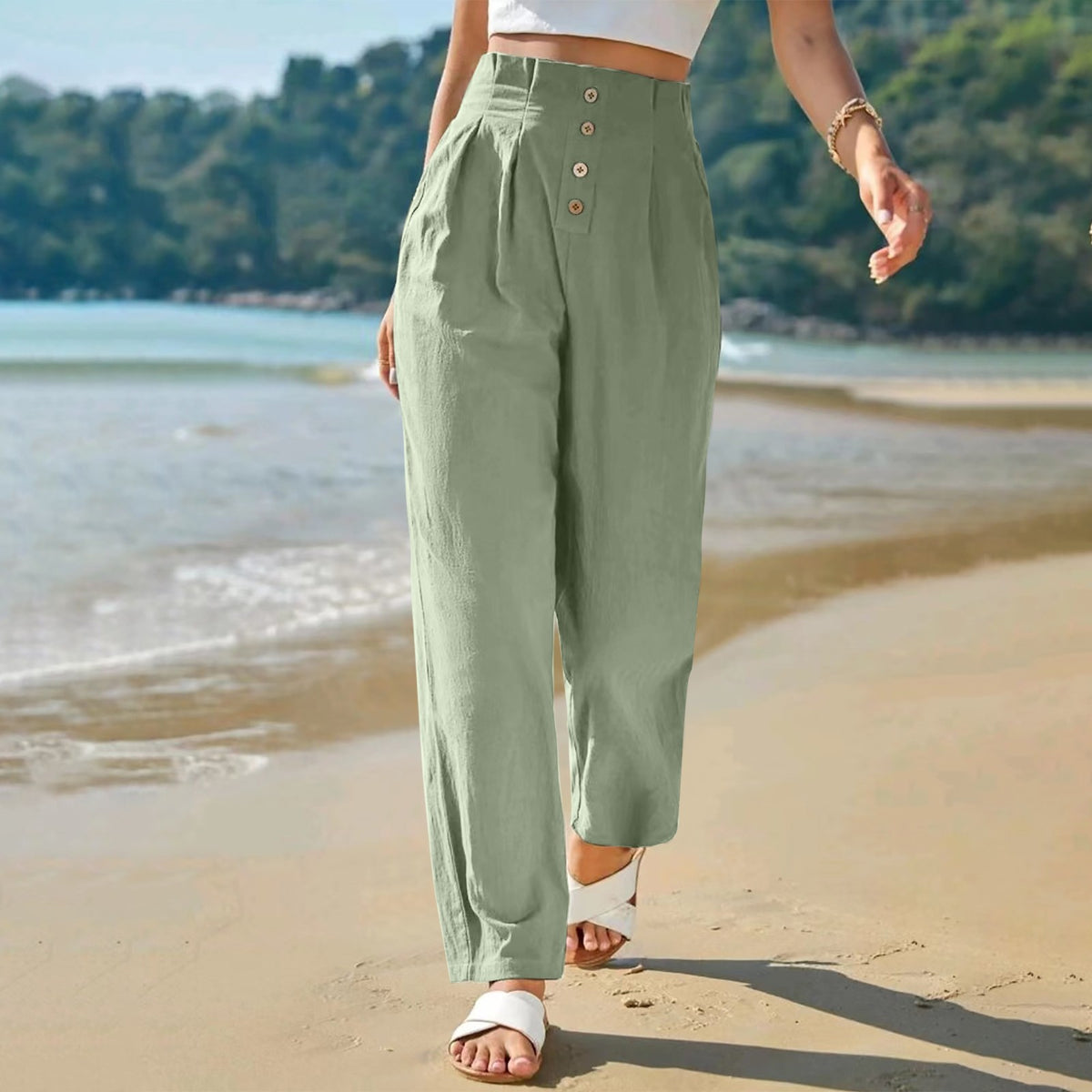 Button-front tapered trousers in light green