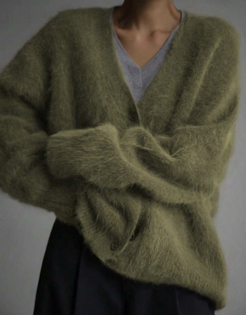 Textured V-neck button cardigan in army green
