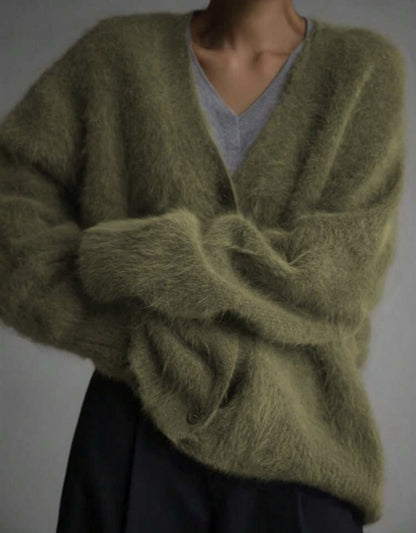 Textured V-neck button cardigan in army green