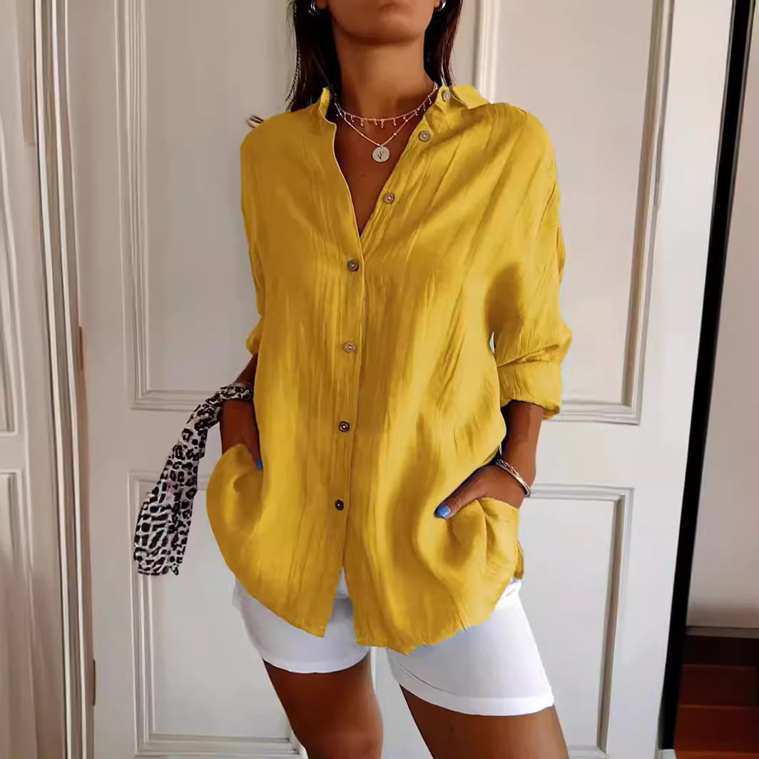 Textured button-front shirt in yellow
