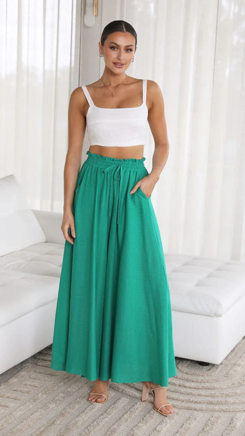Flowing wide-leg drawstring trousers in green