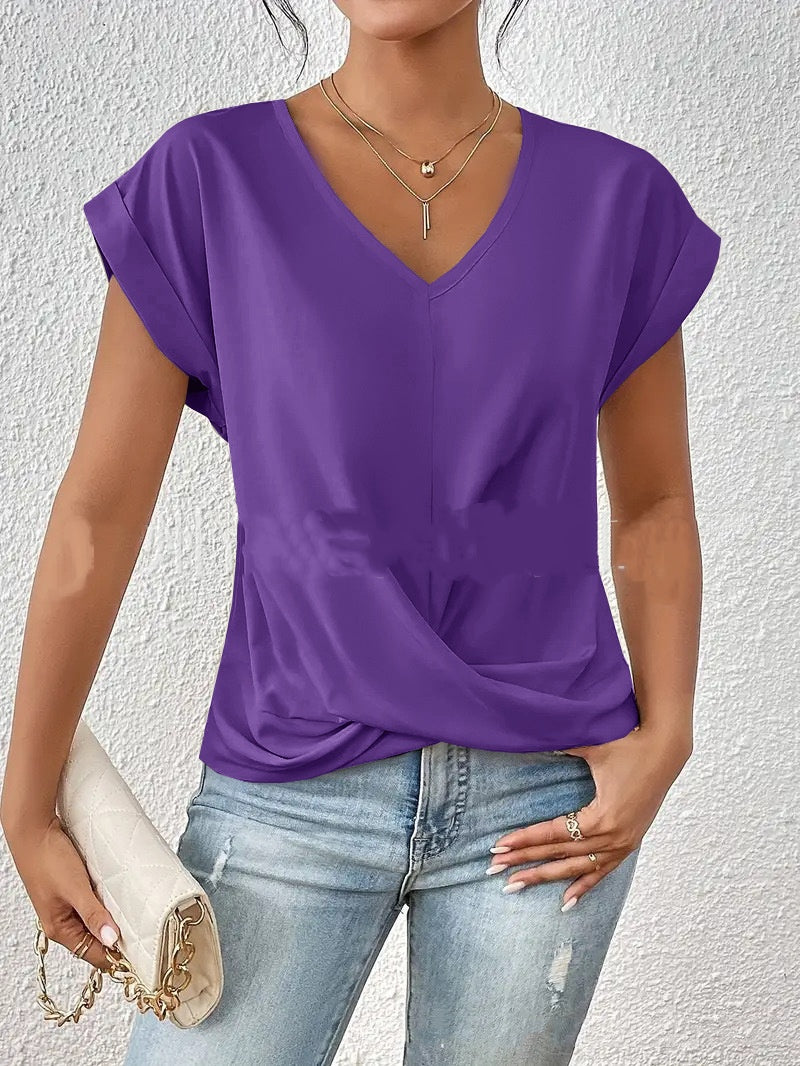 Knot-front V-neck top in purple