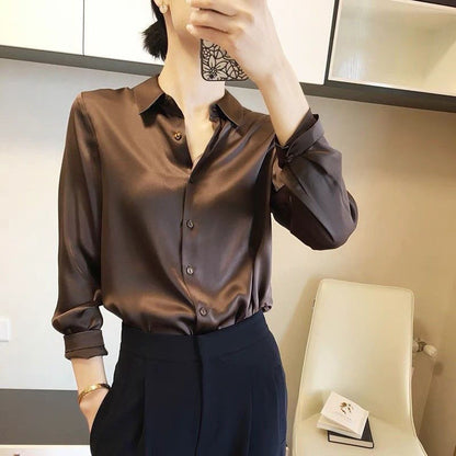 Satin-effect button-up shirt in brown