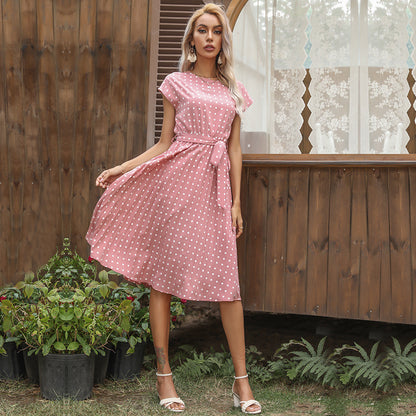 Polka-dot pleated midi dress in pink