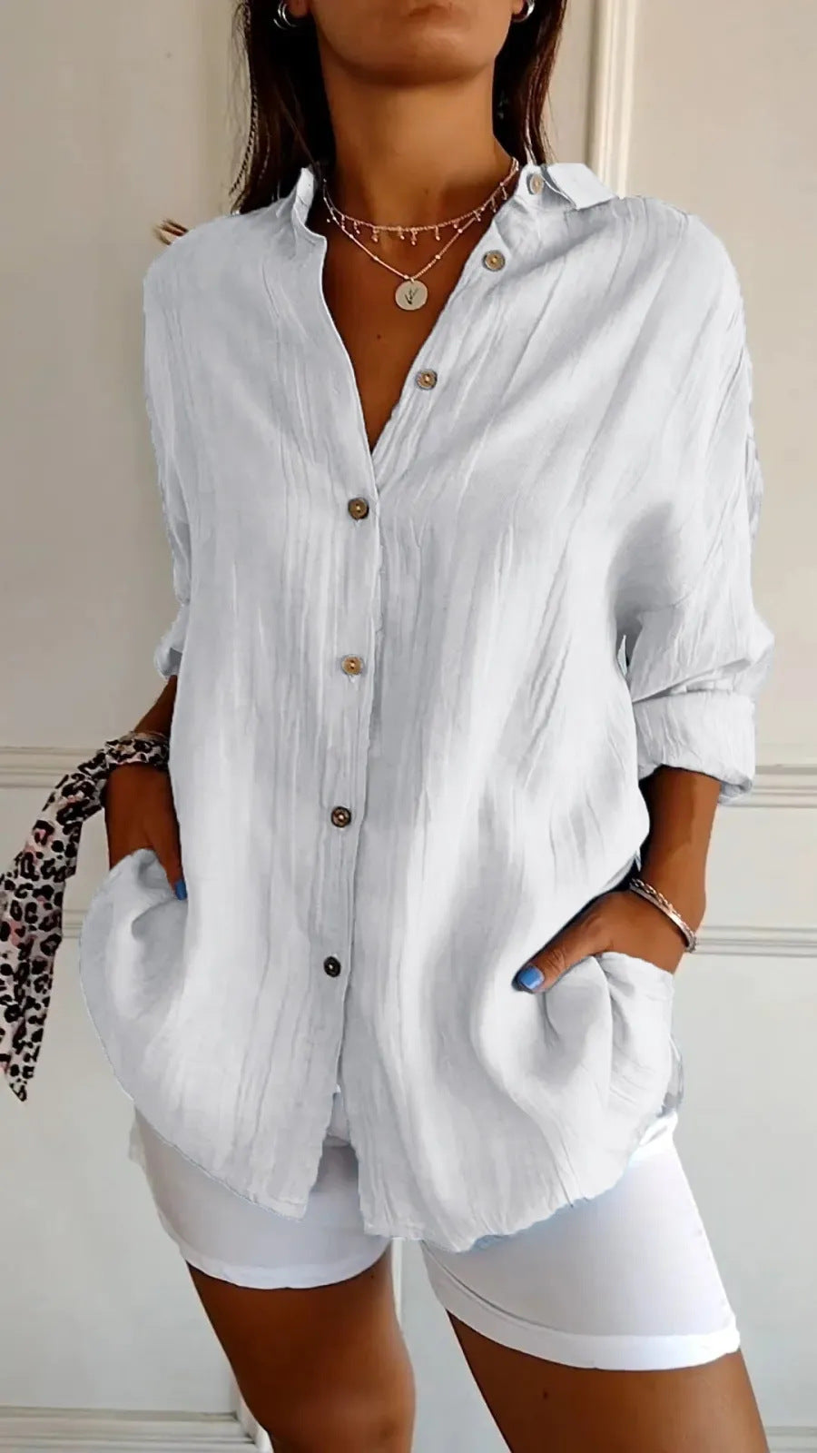 Textured button-front shirt in white, front view