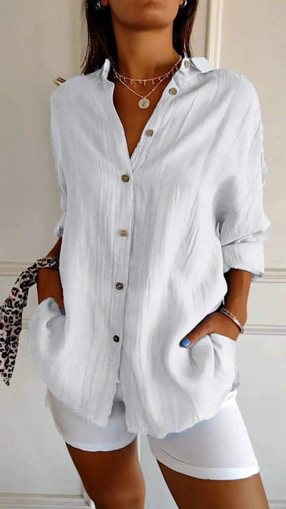 Textured button-front shirt in white, front view